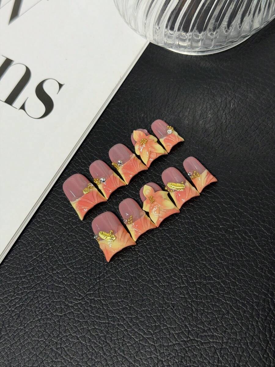 10Pcs/Set Handmade Short Duckbill Press - On Nails, Yellow & Coral Orange With Feathers & Rhinestone Details Accessories., Ideal For Girly Gatherings & Casual Chic - Màu Cam san hô - Xem 1