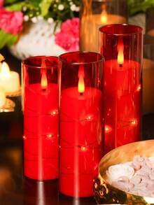 5pcs Set Of Flickering Flameless Candles With Star String Lights, Battery Operated Candles, Embedded LED String Lights Candles, Unbreakable Acrylic Candles With Remote Control, Suitable For Tabletop Centerpiece Decor For Christmas, Halloween, Wedding, Party, Holiday Atmosphere Lighting - Red - View 4