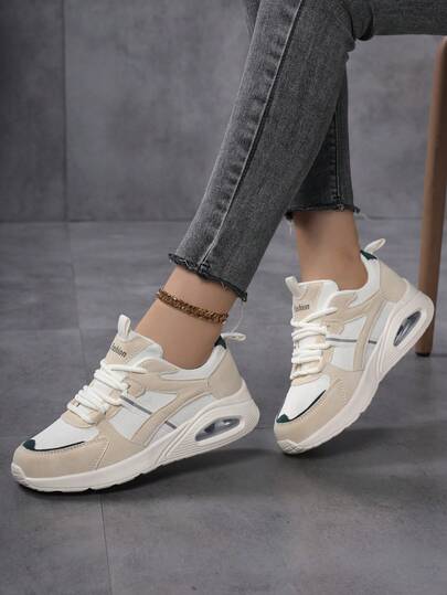 男女通用气垫缓震轻便舒适简约圆头系带跑步鞋，透气休闲运动鞋，适合学生，校园风格