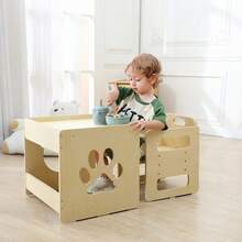 Kids Weaning Table And Chair Set, 3-Level Height Adjustable Chair & Activity Table With Fence, Step Stool, Natural Solid Wood Toddler Furniture For Mealtime Eating, Playing & Learning, Drawing - Maple - View 6