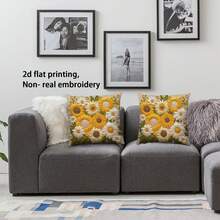 1pc Sunflower Print Pillow Cover (Printed Design, Not Embroidered), Creating A Spring Atmosphere, 100% Polyester Square Single-Sided Printed Cushion Cover, Machine Washable, Zipper Closure, Suitable For Sofa, Bed, Car, Bedroom And Living Room, Pillow Insert Not Included - Yellow - View 6