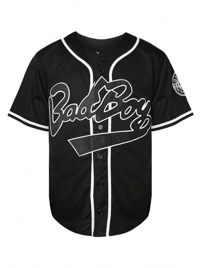 Plus Size #10 Black Baseball Jacket For Men, Loose Fit Short Sleeve Shirt With English Letter Embroidery, Suitable For Casual, Streetwear, Party, Sports, Running