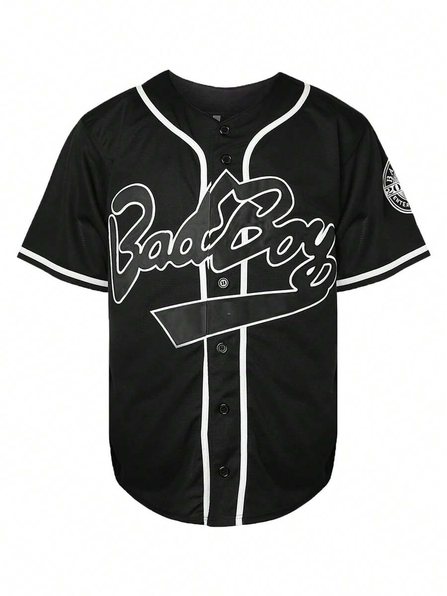 Plus Size #10 Black Baseball Jacket For Men, Loose Fit Short Sleeve Shirt With English Letter Embroidery, Suitable For Casual, Streetwear, Party, Sports, Running - Black - View 1