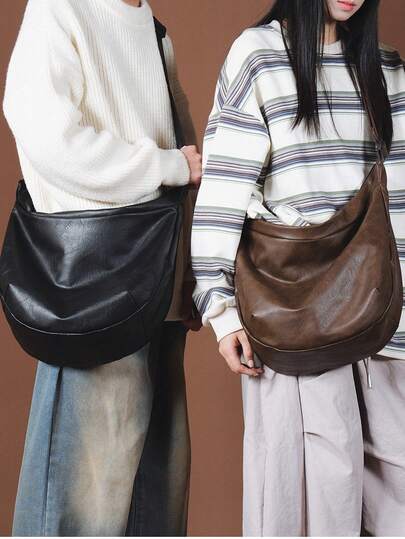 新款休闲单肩包/斜挎包，男士单肩包/女士单肩包/斜挎包，大容量，黑色/棕色，PU皮革斜挎包