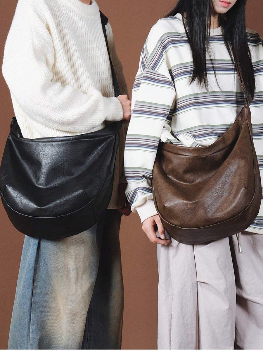 新款休闲单肩包/斜挎包，男士单肩包/女士单肩包/斜挎包，大容量，黑色/棕色，PU皮革斜挎包