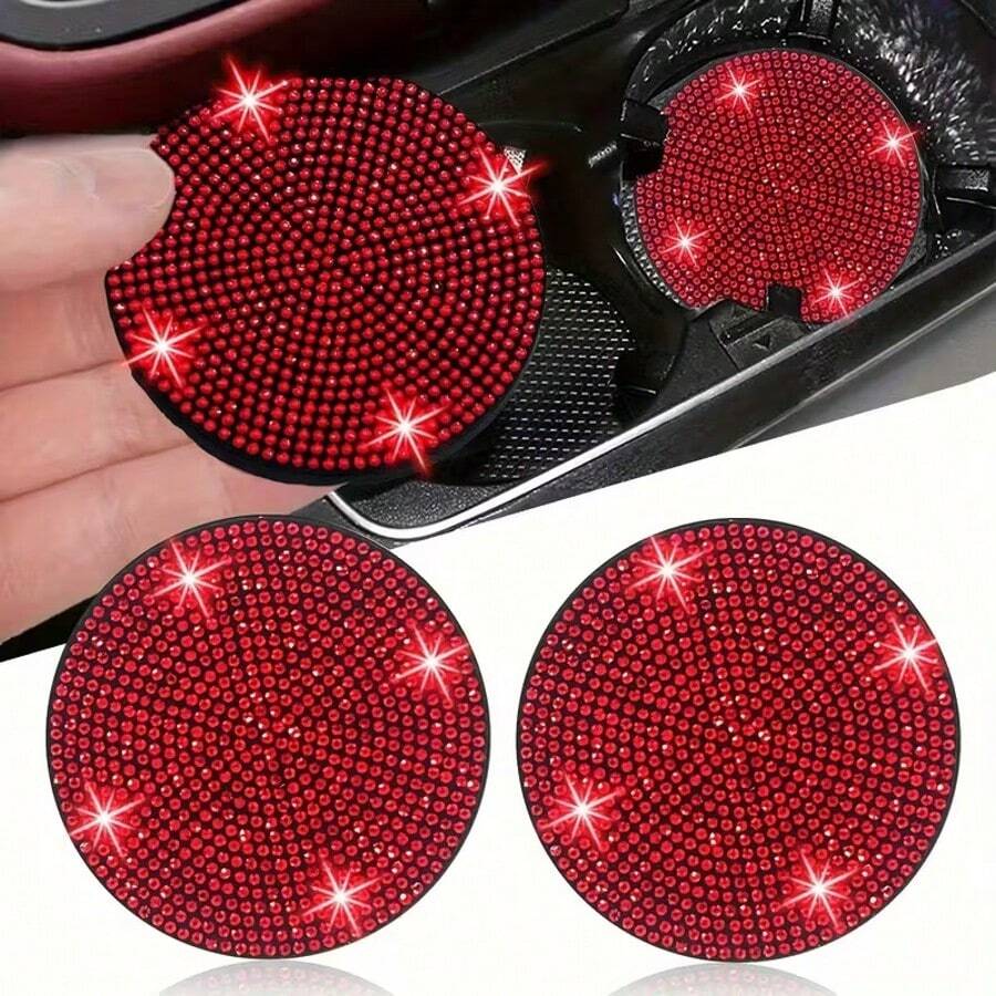 1 pièce Tapis antidérapant pour porte-gobelet de voiture élégant avec strass, base en silicone imperméable et anti-fuite, protège contre les déversements de café, de thé au lait et d'eau, amortit les vibrations et les bruits du véhicule - Dessous de verre pour voiture incrustés de diamants - Voir 1