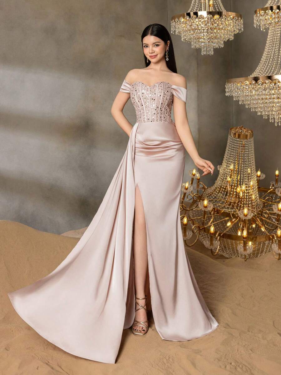 Alisa&Leo Teen Girls' Off-Shoulder Evening Gown With Sequin Accents - Fitted Sequin Bodice With Side Slit & Asymmetrical Train For Graduation Ceremonies, Proms, Weddings & High-End Galas - Champagne - View 1