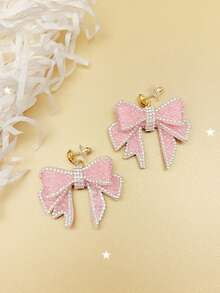2 件时尚可爱大蝴蝶结吊坠耳环，带闪亮吊坠，粉色耳环适合日常佩戴、派对和聚会