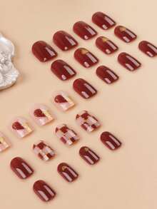 24入組短方形極簡風格印花假指甲套裝，含1支指甲文件和1支果凍膠壓縮假指甲，美甲用品 - 彩色 - 查看 3