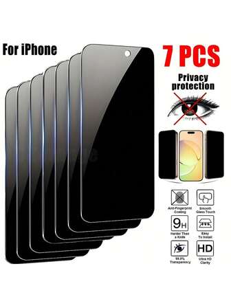 Paquete de 7 protectores de pantalla de privacidad compatibles con 17 Pro Max/17 Air/16 Pro Max/15 Pro17/16/15/14/13/12/11/16e/Plus/Mini/X/XR/XS Max, película de vidrio templado de cobertura completa de borde a borde, anti espía y privado, dureza 9H