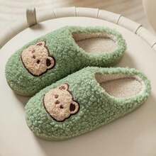 Cute Cozy Cartoon Bear Cotton Slippers, Home Indoor Outdoor Warm Non-Slip FSandssals Soft Bottom Pl 11ush Slides For Women Men,6.5-7.5Women/5-5.5Men,Green - Green - View 4