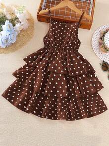 Left Mama Tween Girls' Polka Dot Strap Cake Dress, Summer - Coffee Brown - View 2