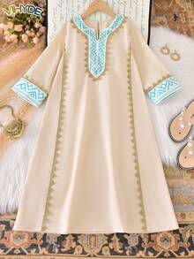 Vihyde 1pc Tween Girls Middle Eastern Festival Robe, Cream White & Blue With Golden Geometric Floral Trim, Long Sleeve - Beige - View 1