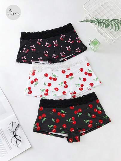 Aesletic 3pcs/Pack Sweet Cherry Bow Print Fashion Comfortable Women's Briefs Set, Lace Patchwork Design