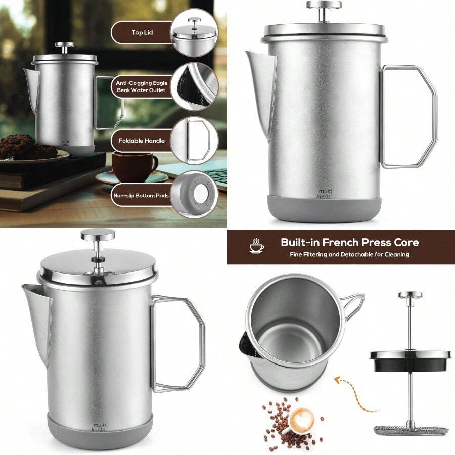PZW Cafetero de prensa francesa 1l Camping Press French Press con manija plegable de acero inoxidable Press French Press Coffee Coffee Kettle Silver2537 - Plateado - Ver 1