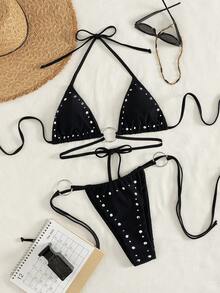 Floral Print Bikini, Casual Sexy Knit Fabric Tie Back Backless Beach Vacation - Black - View 4