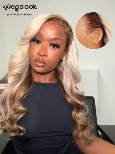 MEGALOOK 13x6 预剪蕾丝金棕色渐变色升级款 13x6 Max Three-Go™ 无胶假发 100% 真人发丝，带抽绳帽，透明蕾丝前假发，波浪卷假发，18-26 英寸，180% 密度，金色假发 - 无需胶水，新手友好，持久耐用，轻盈帽型，适合女性日常佩戴