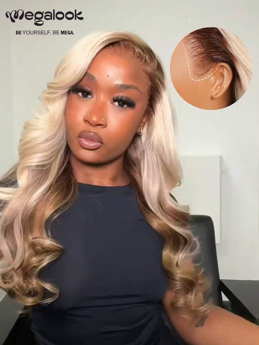 MEGALOOK Peluca sin pegamento 13x6 Max con encaje precortado, degradado rubio & marrón, actualización de cabello 100% humano con gorro con cordón, peluca frontal de encaje transparente, peluca con ondas corporales 18-26 pulgadas, densidad 180%, pelucas de color rubio - Multicolor - Ver 1