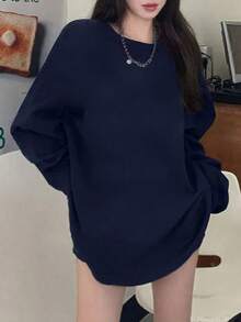 女士百搭纯色蓝色长袖宽松休闲打底T恤，适合学生、日常穿着、通勤等场合，春季必备 - 藏蓝色 - 查看 3