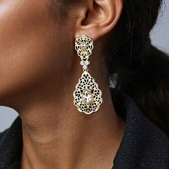 2pcs Elegant & Luxurious Palace Style Women's Teardrop Pendant Earrings, Gold-Tone Plated With Rhinestones, Sahara Moroccan Style Earrings, Traditional New Year Party Jewelry