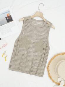 Women's Crochet Knit Sleeveless Hollow Out Semi-Sheer Knit Tank Top, Suitable For Summer Vacation - Khaki - View 5