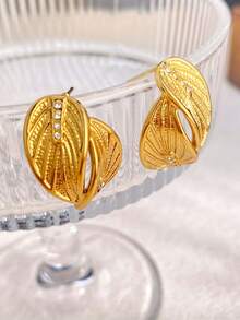 一对时尚不锈钢树叶耳钉，镶嵌立方氧化锆，18K镀层，优雅个性耳环，适合女性日常、晚宴、通勤等场合佩戴，也是情侣情人节、母亲节等节日的理想礼物。 - 彩色 - 查看 4