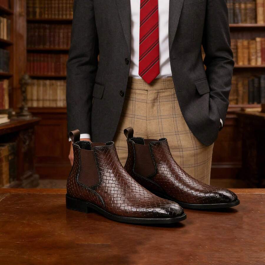 男士切尔西踝靴，黑色皮革商务休闲一脚蹬靴，百搭正装及通勤鞋