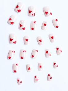 48片Y2K裸粉色方形和杏仁形假指甲，红色爱心和白色波点设计，全覆盖假指甲套装，包含2个指甲锉和2张指甲胶贴，适合作为送给女孩、妈妈的礼物，也适合批发美甲用品，适合节日、派对、约会和日常佩戴。 - 彩色 - 查看 5