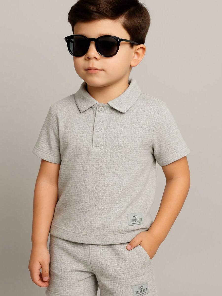 Boys' 2-Piece Summer Set – Textured Polo Shirt + Stylish Bermuda Shorts (Ages 1-8) - 淺灰色 - 查看 1