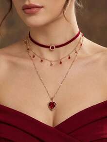 2件套时尚复古优雅情人节多层叠戴高端心形流苏项链，适合女性日常佩戴、派对、情人节约会、礼物