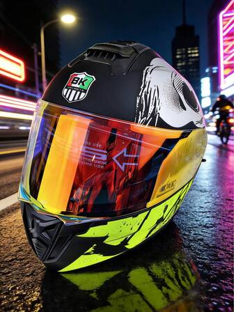 1pc Skull Graffiti Glow-In-The-Dark Flip-Up Motorcycle Full Face Helmet With Photochromic Anti-Glare Visor, High Visibility Riding Safety Helmet (Multiple Sizes Available)