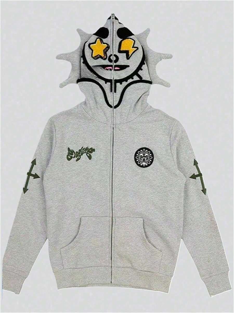 Unisex Skull Print Hoodie Lazy Vibe Long Sleeve Zip-Up Street Fashion - 灰色黑臉 - 查看 1