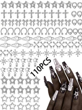110Pcs Y2K Mixed Silver Nail Charms Bulk Set, 3D Alloy Nail Art Accessories With Stars, Geometric Shapes, Sparkling Gems And Assorted Crystals, DIY Nail Decorations For Creative Manicures