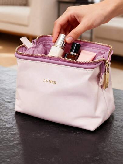 La Mer Nuevo bolso de cosméticos de gran apertura de piel de imitación rosa flor de cerezo, bolsa de maquillaje, bolso de concha de gran capacidad portátil, bolso de mano de moda, bolsa de aseo