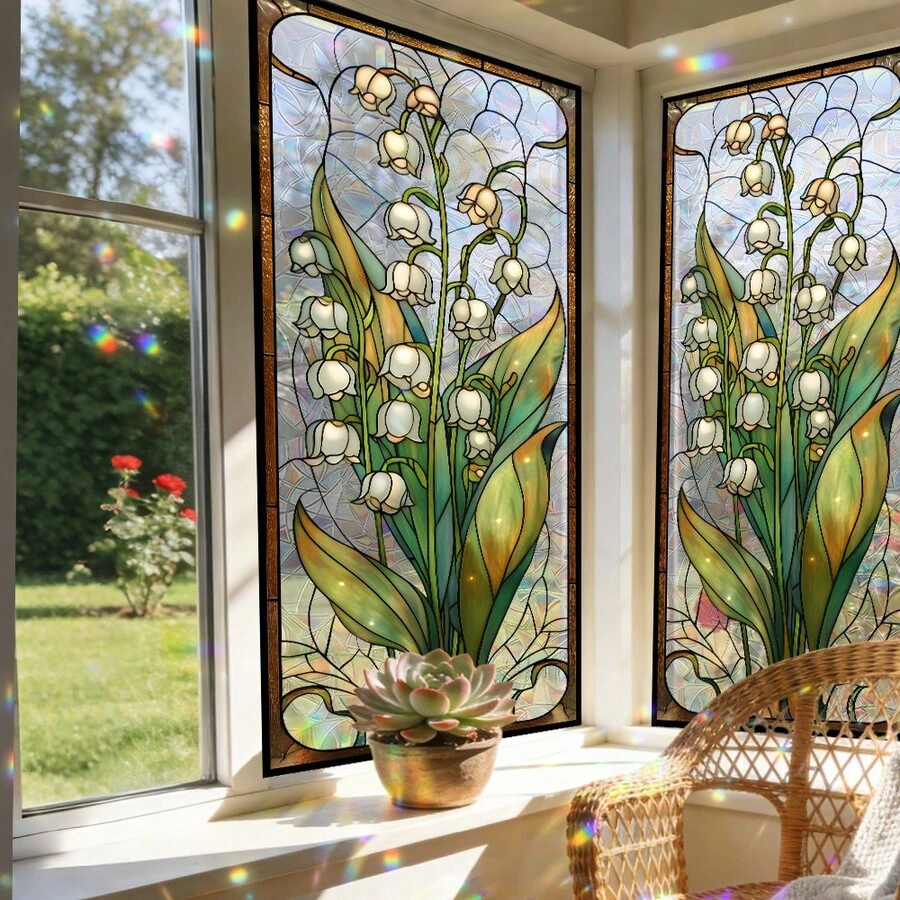 1/5pcs Retro Tulip & Lily Of The Valley Window Privacy Film, 3D Laser Prism Effect, Reusable Static Cling Plant Stickers, Suitable For Bathroom Sliding Doors, Provides Sun Shading And Privacy Protection, Home And Office Decorative Art Film - Multicolor - View 1
