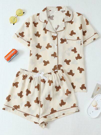 2pcs/Set Cute Teddy Bear Print Sleeve Pocket Lapel Short Sleeve Top And Bow Shorts Women Pajama Set, Comfortable Loungewear