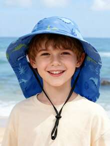 1pc Kids Sun Hat With Neck Protector (Unisex) - Wide Brim UV Protection Bucket Hat, Breathable Mesh Outdoor Beach Hat, Suitable For Children In Summer - Printed Bucket Hat - View 4