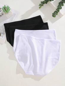 FINETOO 4pcs High Waist Solid Color Ribbed Cotton Briefs, Plus Size Women Underwear - Black and White - View 4