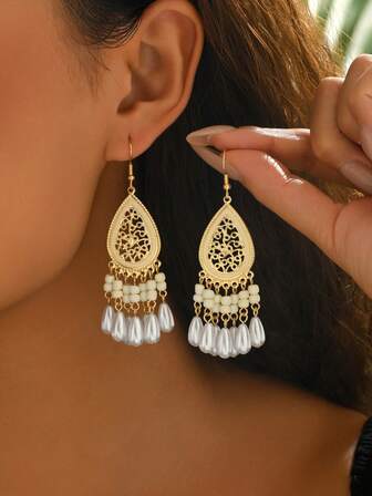 1 คู่ ต่างหูรูปทรงหยดน้ำแกะสลักกลวง, ต่างหูมุก faux แฟชั่น, ต่างหูทางการเรียบง่ายเซ็กซี่หรูหราสำหรับฤดูใบไม้ผลิ/ฤดูร้อน, วันหยุด, เดท, ปาร์ตี้, งานแต่งงาน, ของขวัญวันวาเลนไทน์