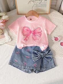 2pcs/Set Girls Cute Round Neck Bow Print Top + Fashionable Embroidered Bow Skirt Pants Outfit