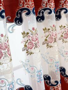1pc Double Row European Flower Embroidered Perforated Curtain, Luxury Hollow Embroidered Perforated Curtain In European Style, Suitable For Living Room, Bedroom, Dining Room, Kitchen Windows, Home Decor - Red - View 6