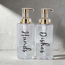 2 pièces Distributeur de savon pour les mains et la vaisselle dans l'évier ou sur le plan de travail de la cuisine, contenant de 500 ml pour le liquide vaisselle, avec pompe, carré doré, blanc et transparent (avec étiquette) - Multicolore - Voir 10