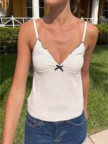Womens Polka Dot Print Crop Camisoles Tank Tops Spaghetti Straped Deep-V Neck Bow Cami Streetwear Party Clubwear Going Out Tops Vacation Outfits Women, Holiday Outfits Women, New Years Outfits Women - 白色 - 查看 1