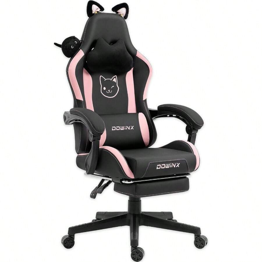 Dowinx Gaming Chair Cute With Cat Ears And Massage Lumbar Support Ergonomic Computer Chair For Girl With Footrest And Headrest Comfortable Reclining Game Chair 290lbs For Adult Teen Black - Black - View 1