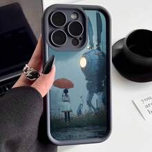 Cubierta de teléfono con diseño de anime para iPhone 14 Pro Max Negro con estampado de niña con paraguas y robot gigante en campo de flores Ideal para amantes de la ciencia ficción y arte anime - Burdeos - Ver 3
