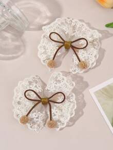 2pcs White Bow Hair Clips For Kids, Brown Lace Bow Decorated Hair Clips For Kids, Fashionable Crocodile Clip Hair Accessories Party Gift - White - View 5