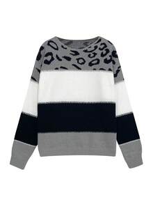 Women's Oversized Cute Colorblock Leopard Print Sweater, Casual Comfortable Ribbed Knit Crew Neck Long Sleeve Pullover Top - Multicolor - View 5