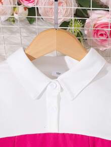 Girls Casual Polo Collar 2 In 1 Patchwork Short Sleeve Dress (Including Belt), Summer - Hot Pink - View 3