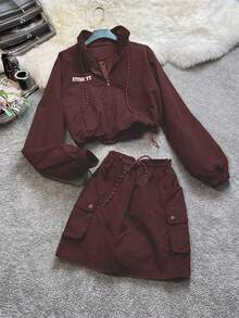 SAOYANGYU Bộ 2 món áo khoác và chân váy mini in chữ "ETERNITY" trơn màu phong cách đường phố dành cho nữ - Gỗ đỏ - Xem 1