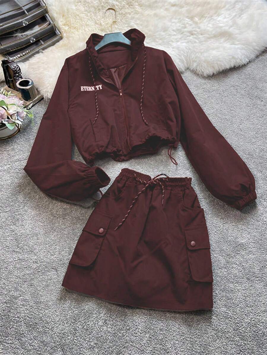 SAOYANGYU Bộ 2 món áo khoác và chân váy mini in chữ "ETERNITY" trơn màu phong cách đường phố dành cho nữ - Gỗ đỏ - Xem 1